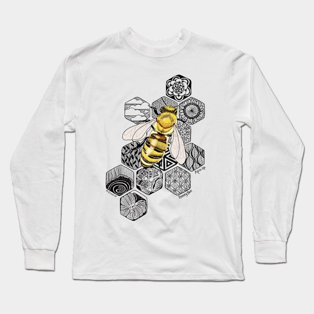 Golden Honey Bee Doodle -white Long Sleeve T-Shirt by mernstw